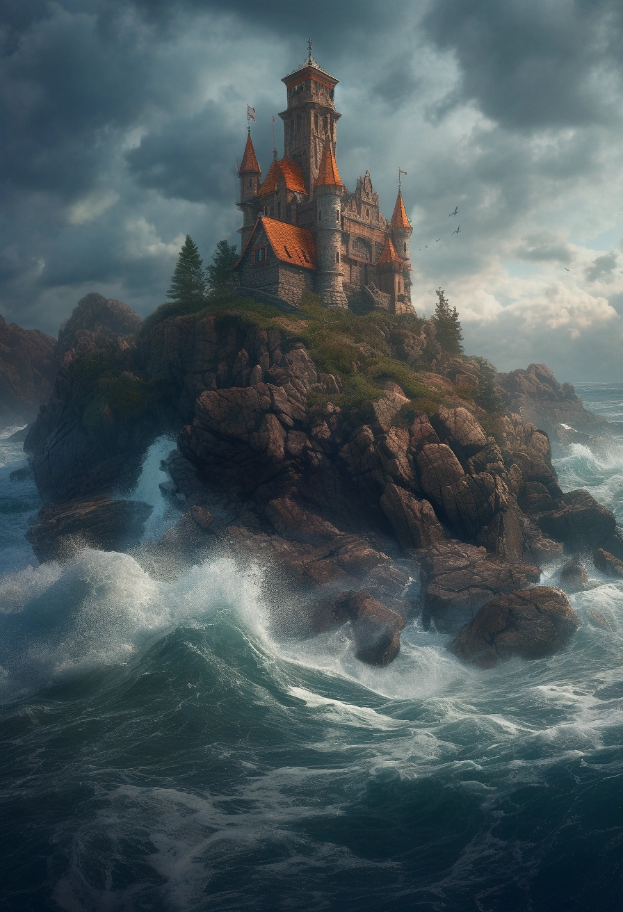 Stormy Castle on Rocky Shore - Surreal Fantasy Landscape