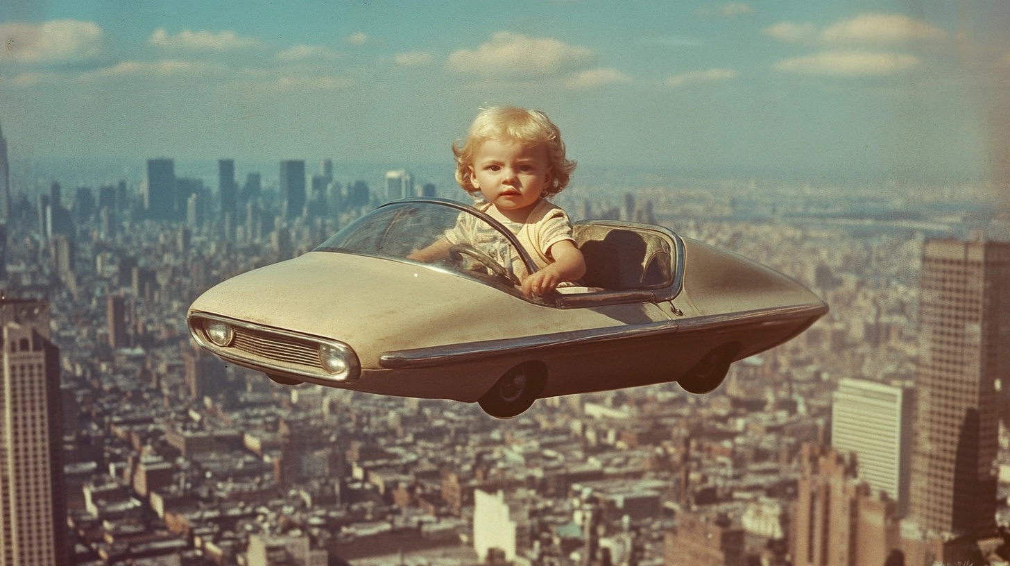 1970s Photo: Toddler with Blond Hair in Flying Car