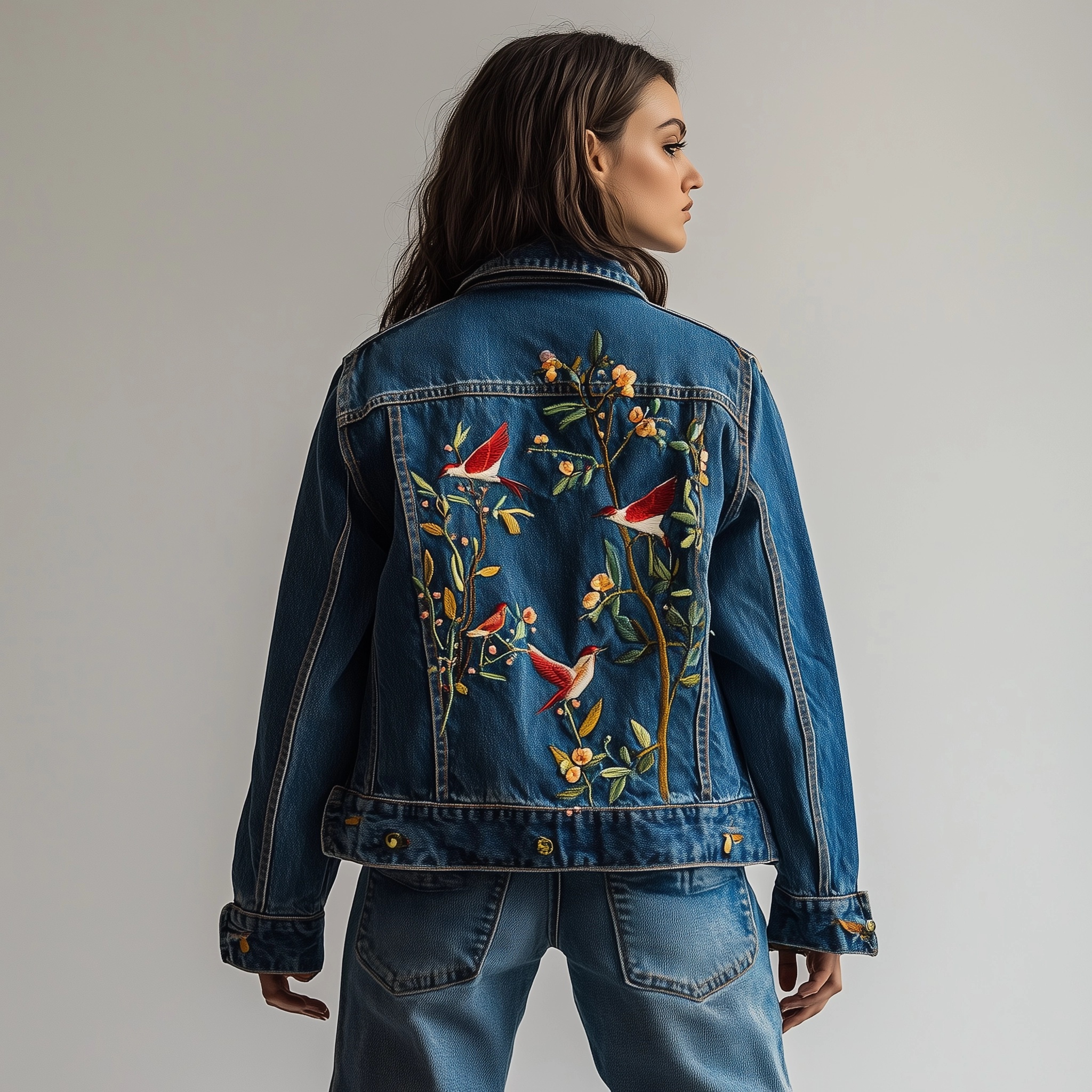 Tailored Denim Jacket with Embroidered Birds