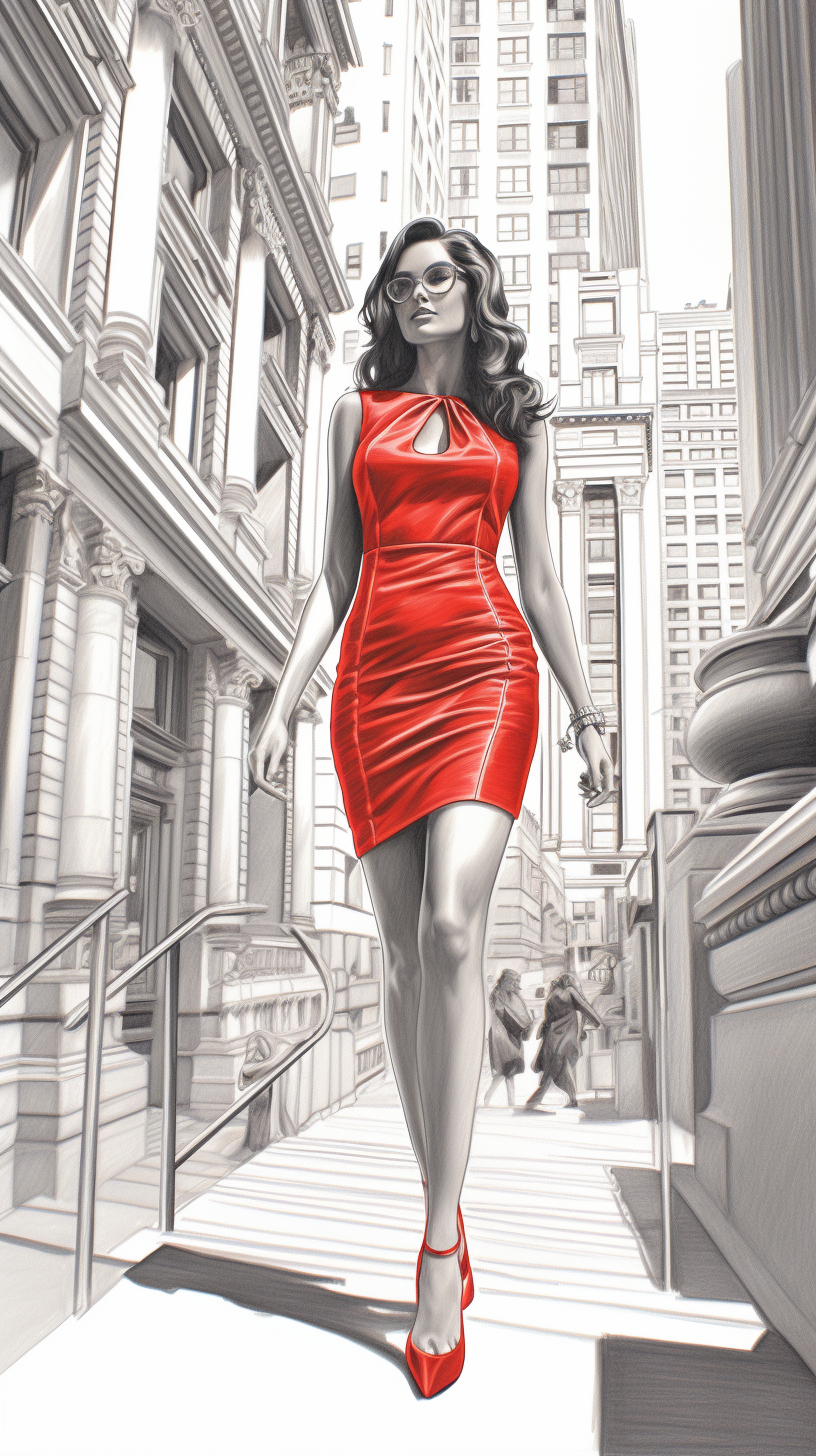 Stunning Red Minidress: Hyper-Realistic Woman Walking NYC