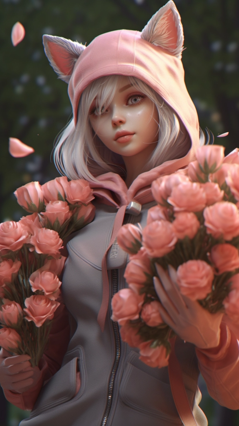 Charming Catgirl with Flowers in Zbrush Style