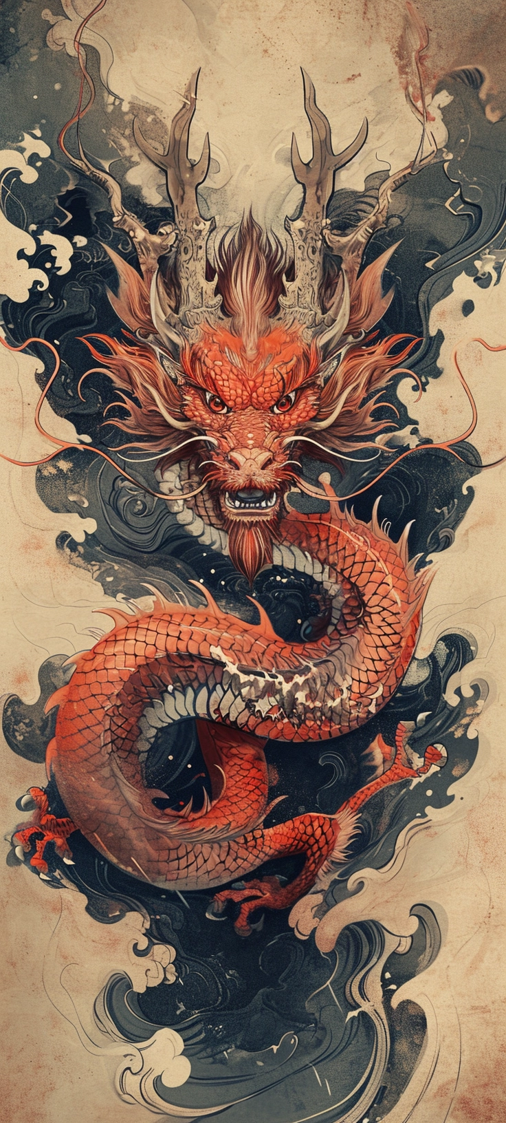 Red Gold Dragon Design: Dark Beige & Precise Lines