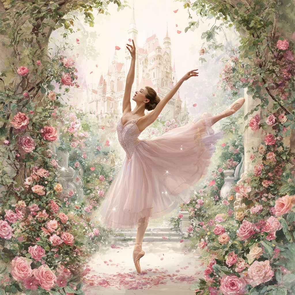 Enchanting Ballerina in a Romantic Rose Garden