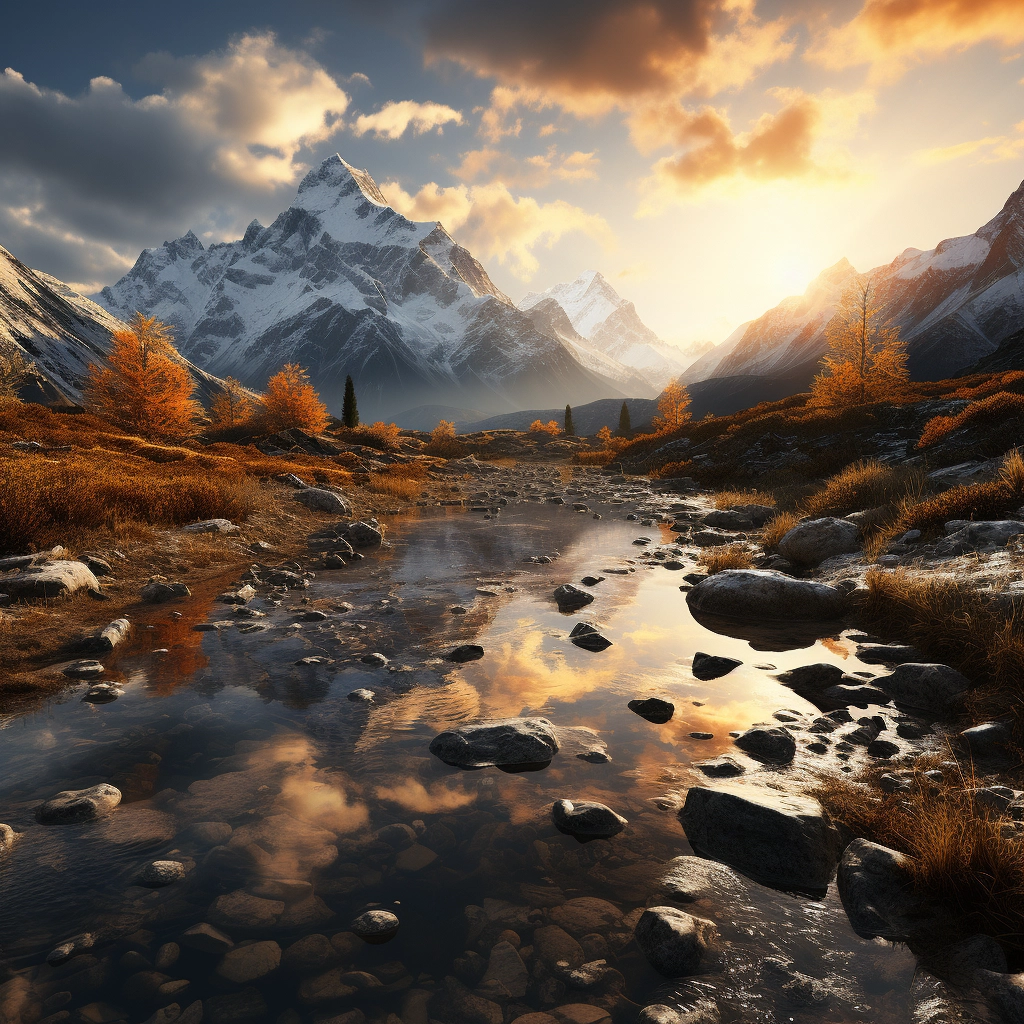 Capturing the Splendor of Nature: Dawn's Golden Light on Majestic Snow-Capped Peaks