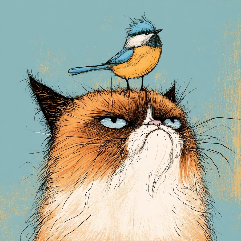 Whimsical Grumpy Cat with a Bird - Colorful Art