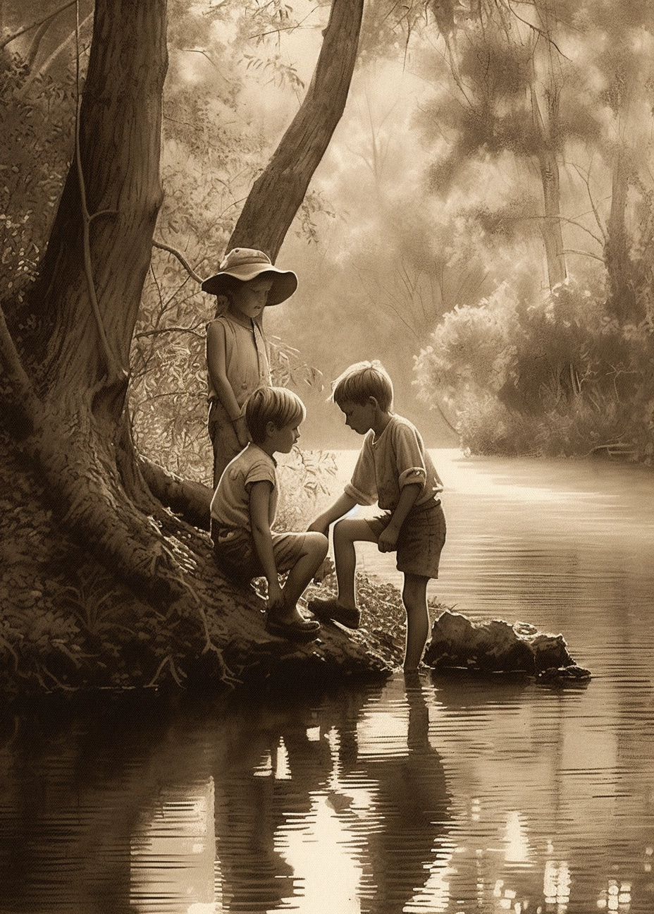 Playful Boys in Monochrome Water Hole