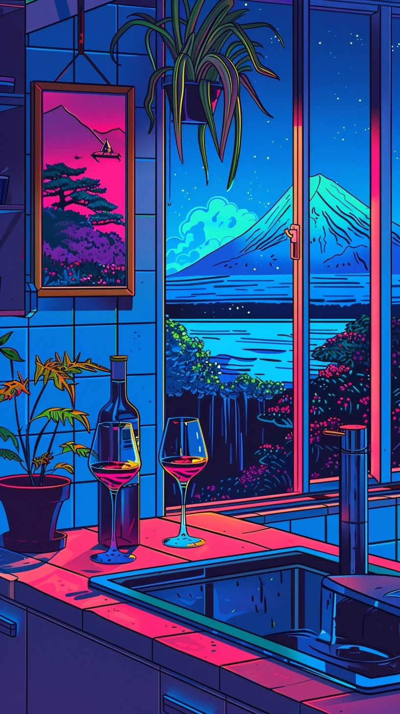 Colorful 80s Kitchen Illustration with Mount Fuji View