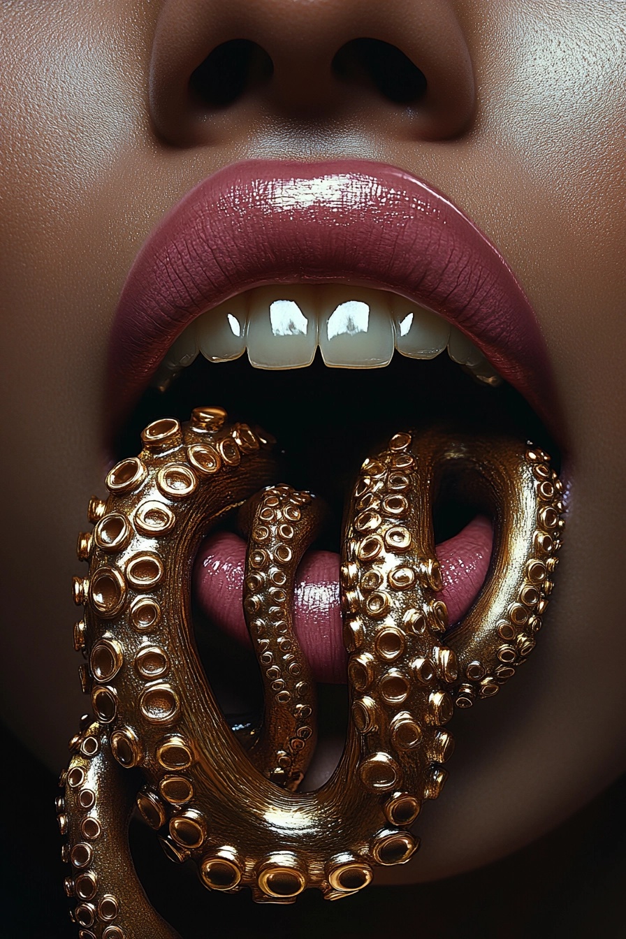 Surreal Glam: Gold Teeth & Octopus Tentacles Close-Up