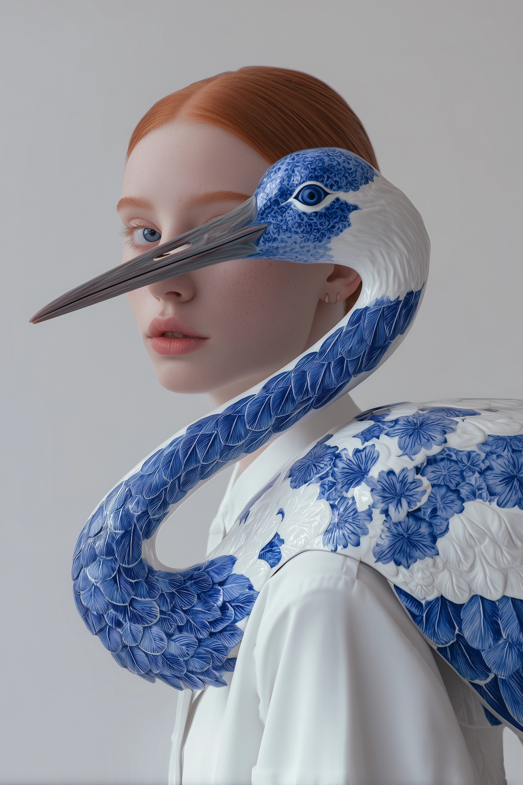 Calm Elegance: Woman and Crane in Hyperrealism
