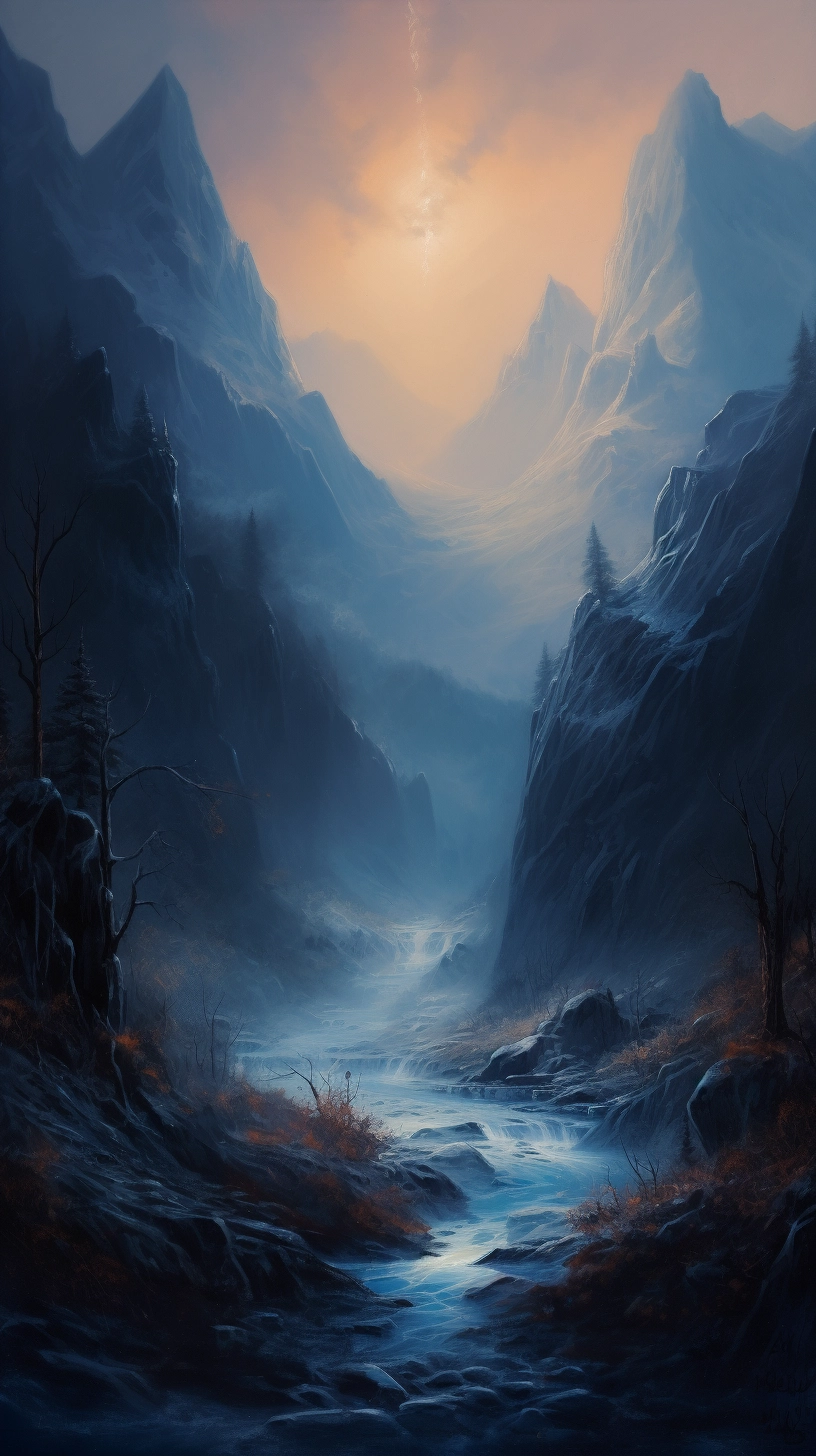 Snowy Valley: Dark Fantasy Painting