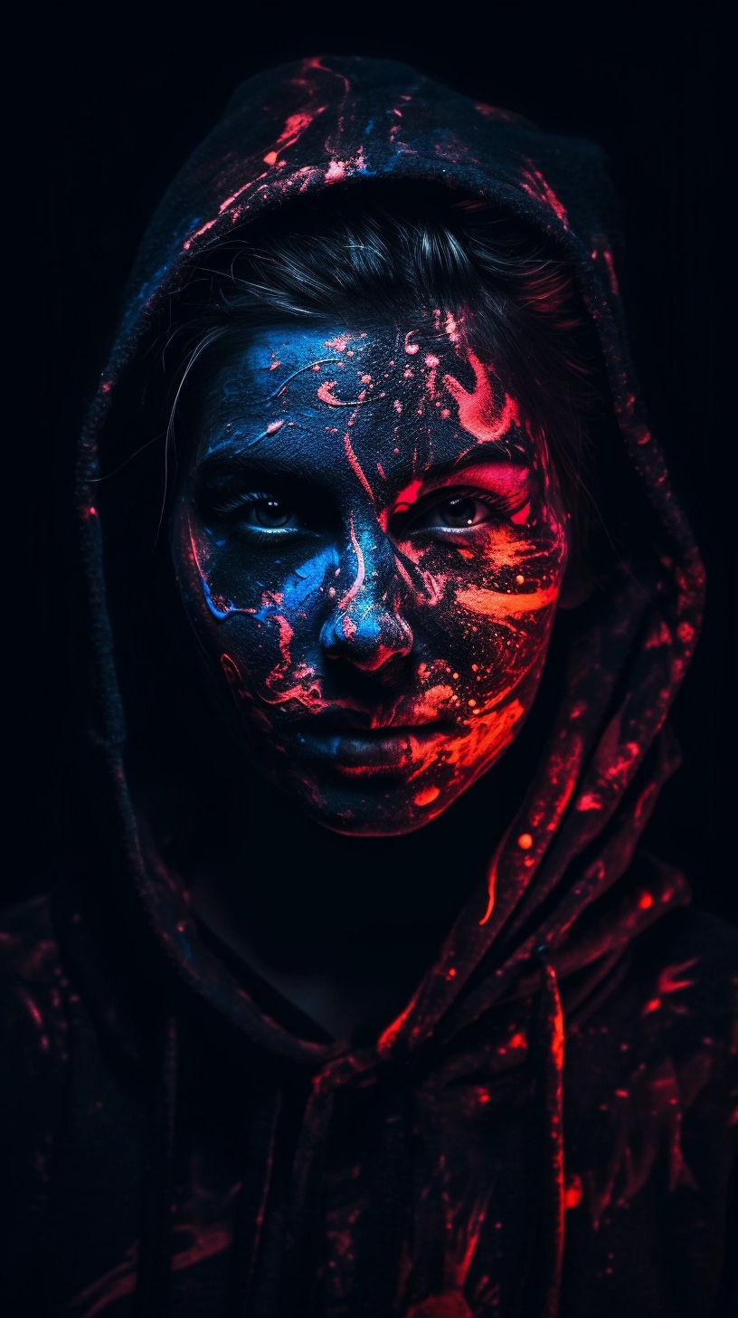 Surreal Teen Boy with Black and Red Spiral Makeup