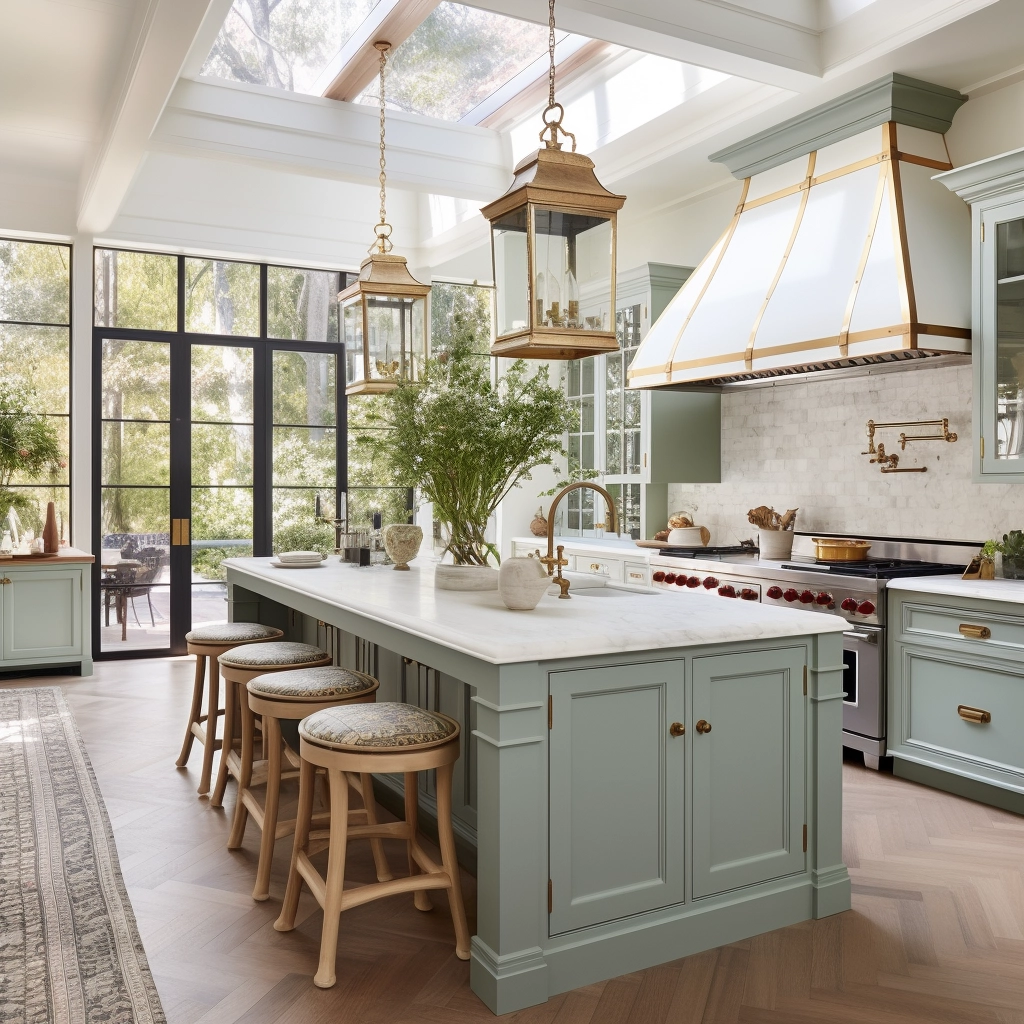 Elegant Kitchen Design: Off-White Cabinets, Sage Green Island & Vintage French Lighting