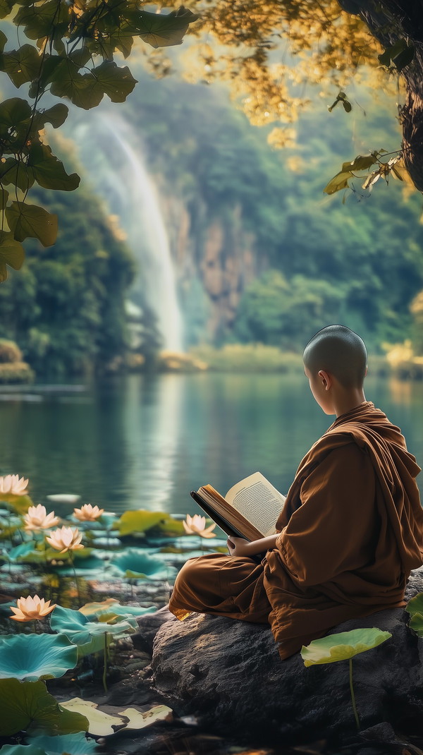 Peaceful Monk Reading by a Serene Lotus Pond