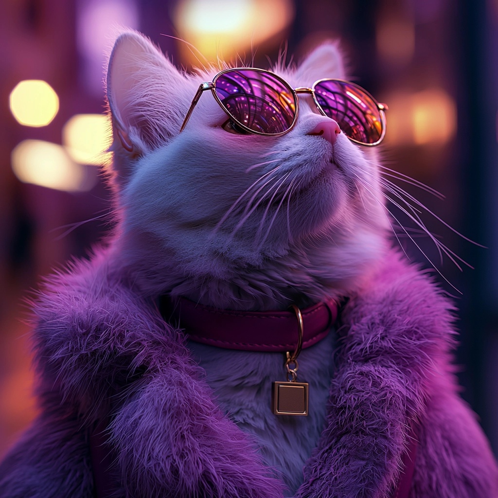 Chic Cat in Purple Coat: Night City Vibes