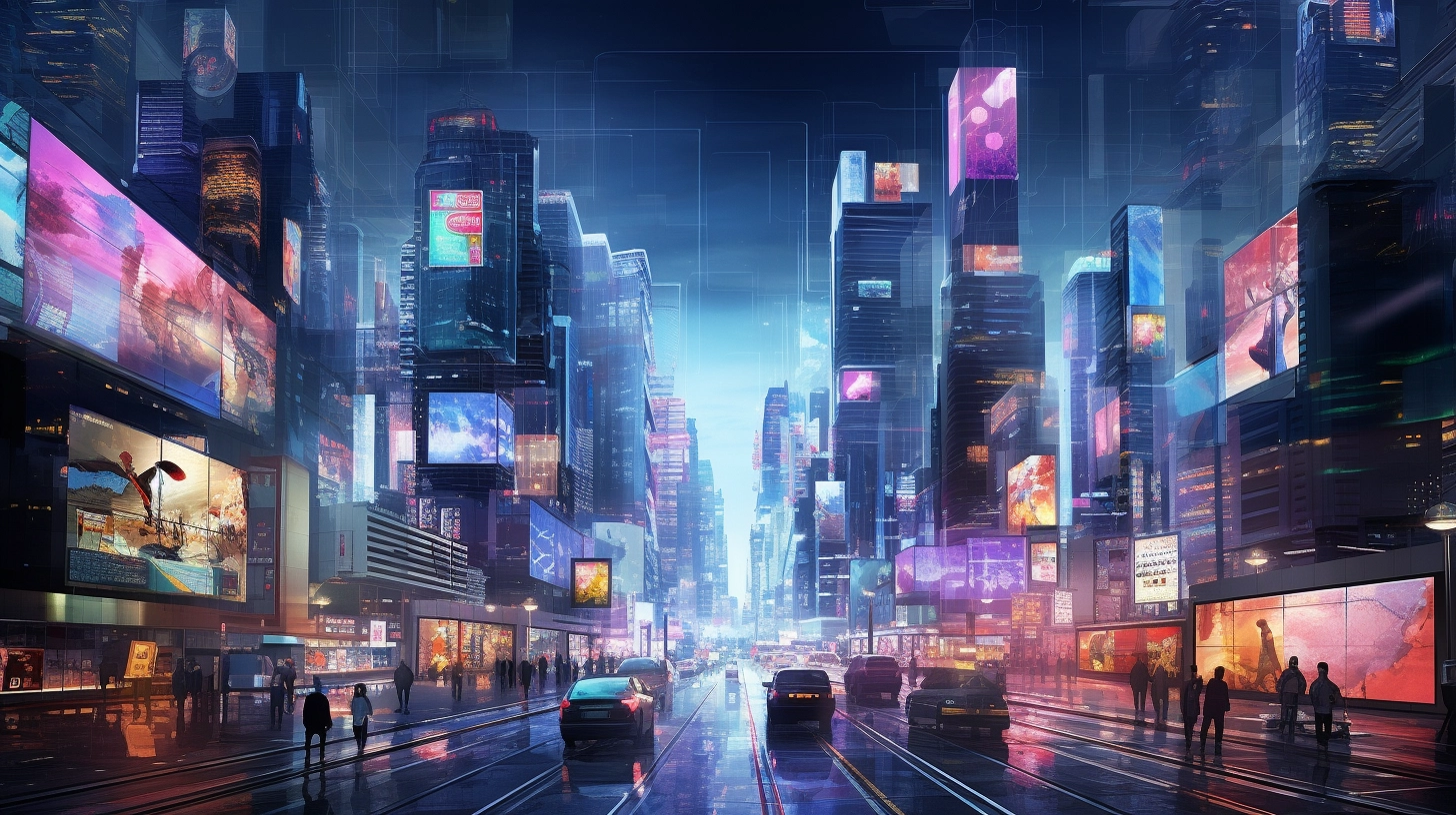 Hyper-Realistic Cityscape: Vibrant Hologram Stars & Cyberpunk Photography