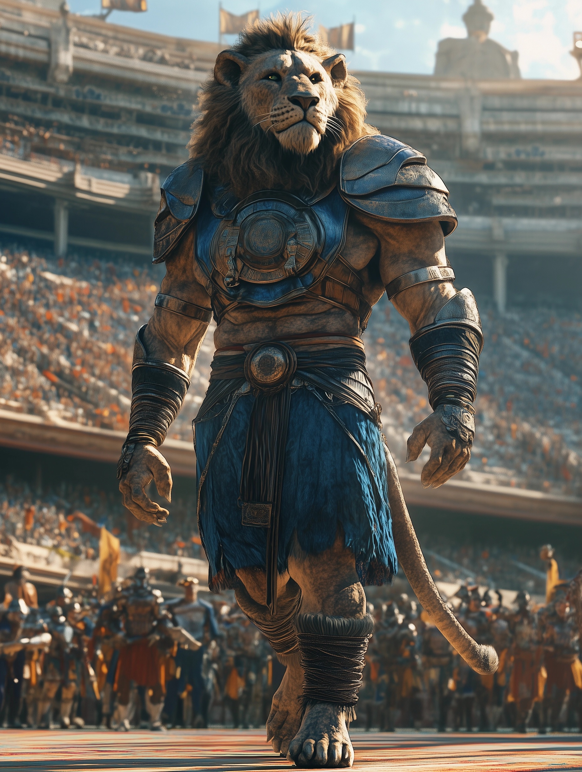 Majestic Humanoid Lion in Ancient Armor at Stadium