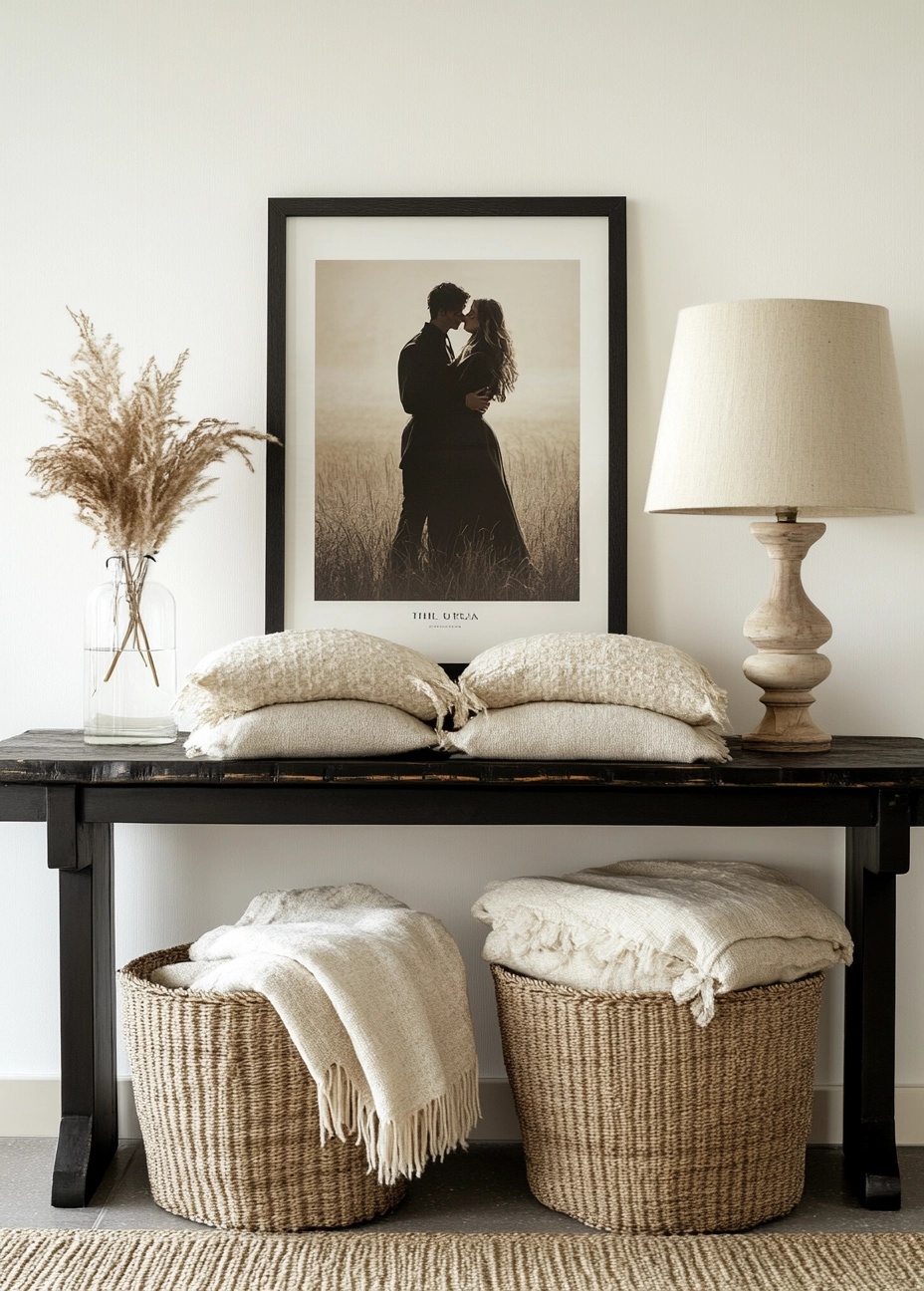 Cozy Minimalist Console Table with Woven Baskets