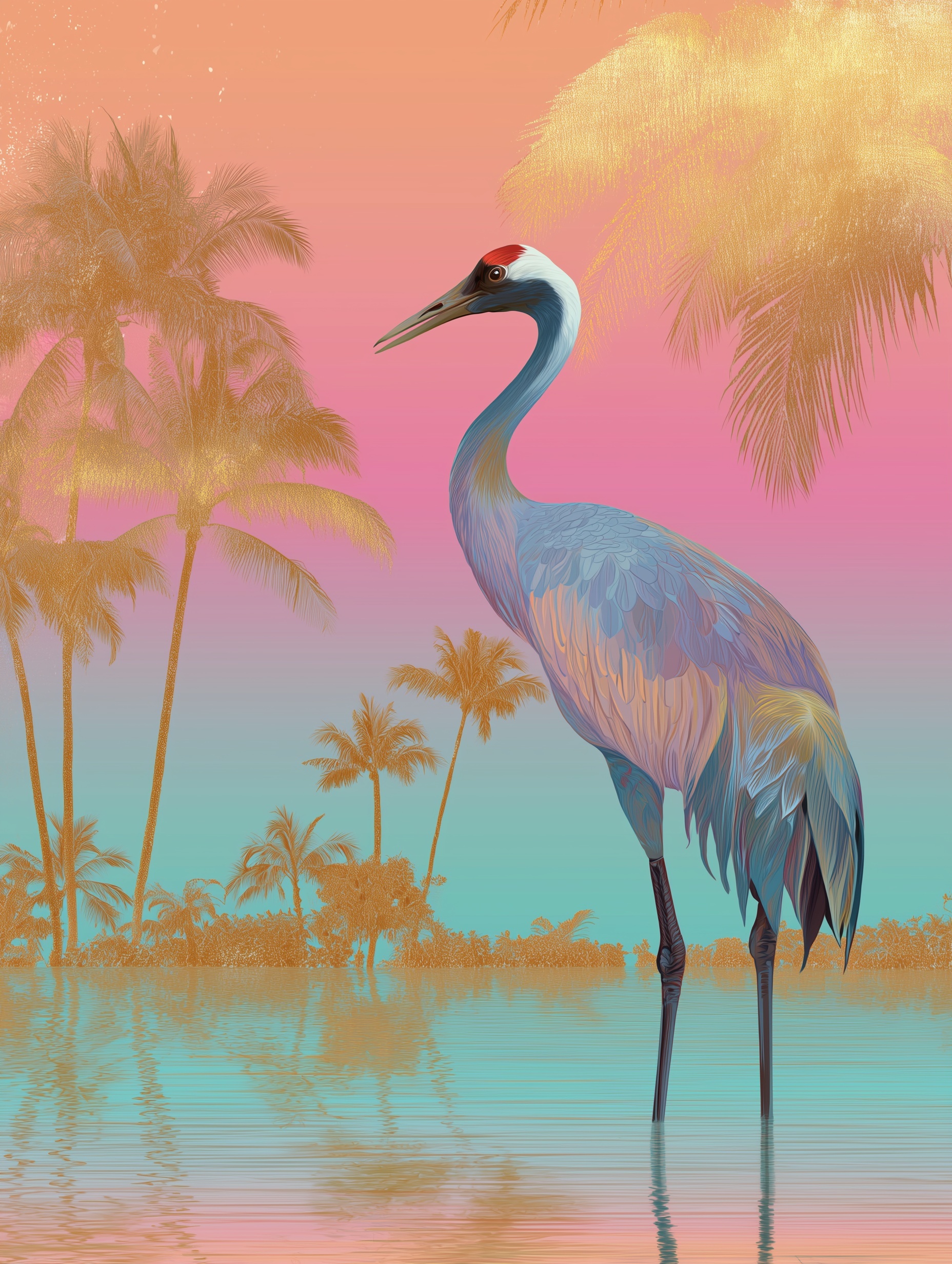 Elegant Crane Illustration with Retro Miami Vibes
