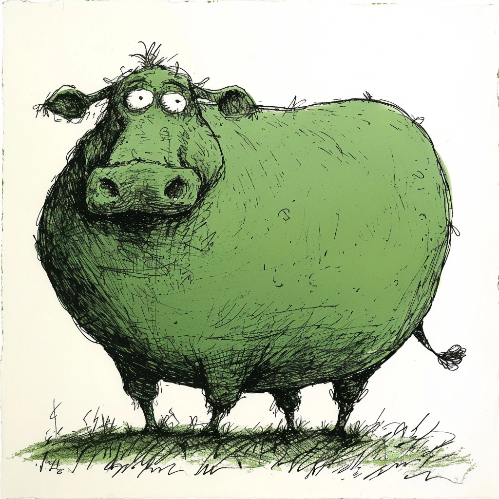 Playful Fat Cow: Playful Children's Illustration in Monotone Green with Short Legs