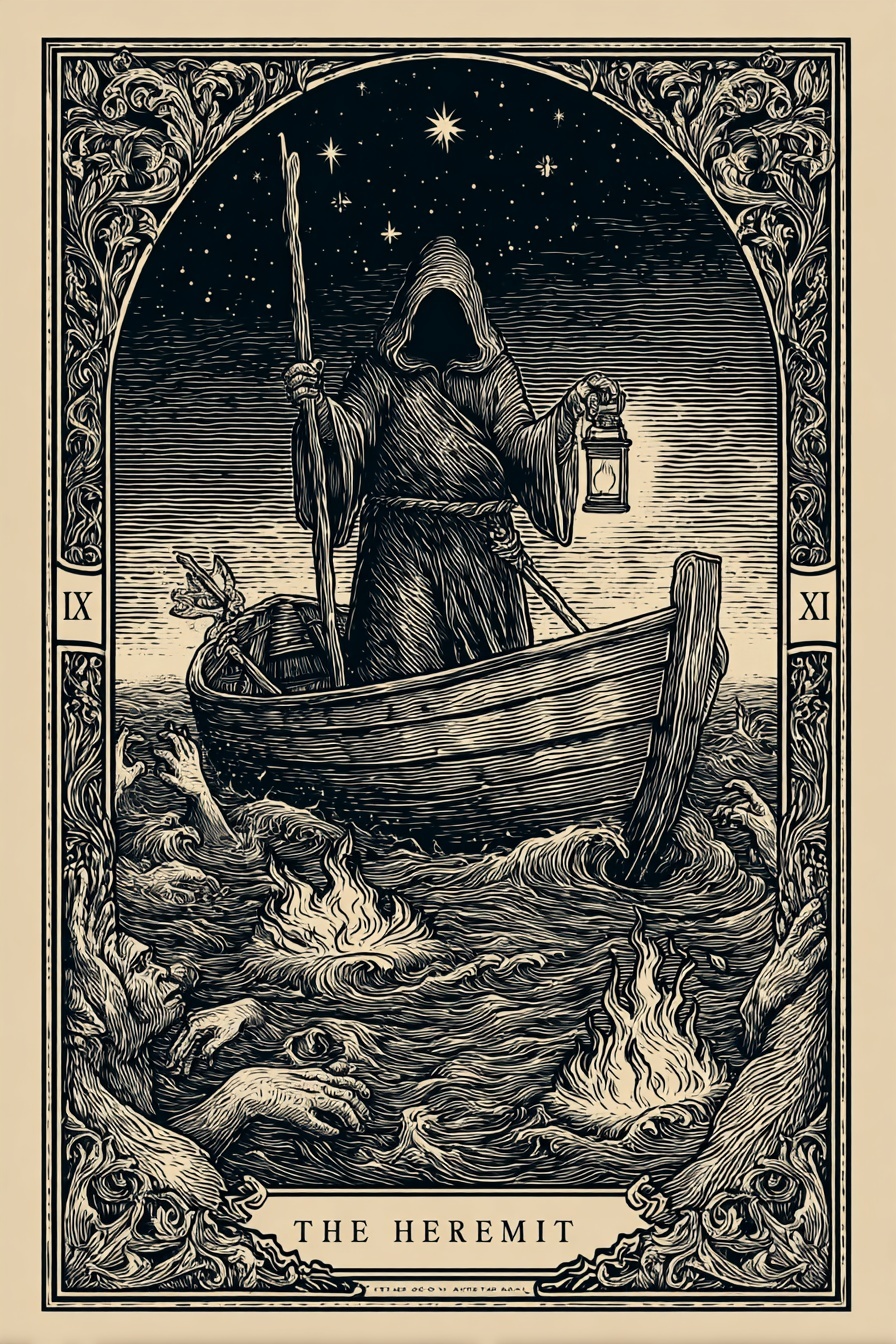 Vintage Tarot - The Hermit Card in Monochrome