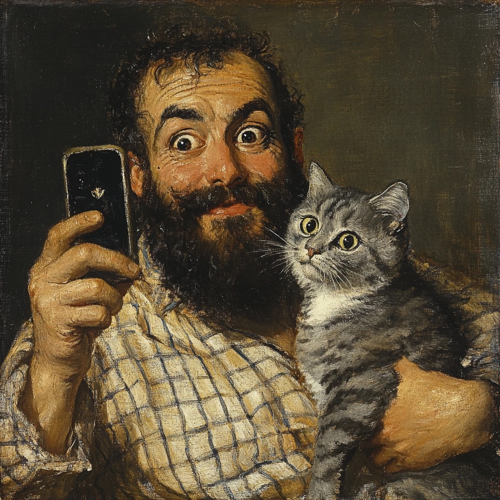 Selfie Time: Bearded Man and Striped Cat Art