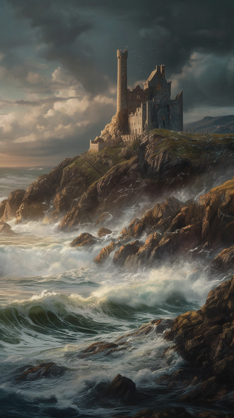 Castle of Ireland's Rocky Seashore: Epic Fantasy Scene