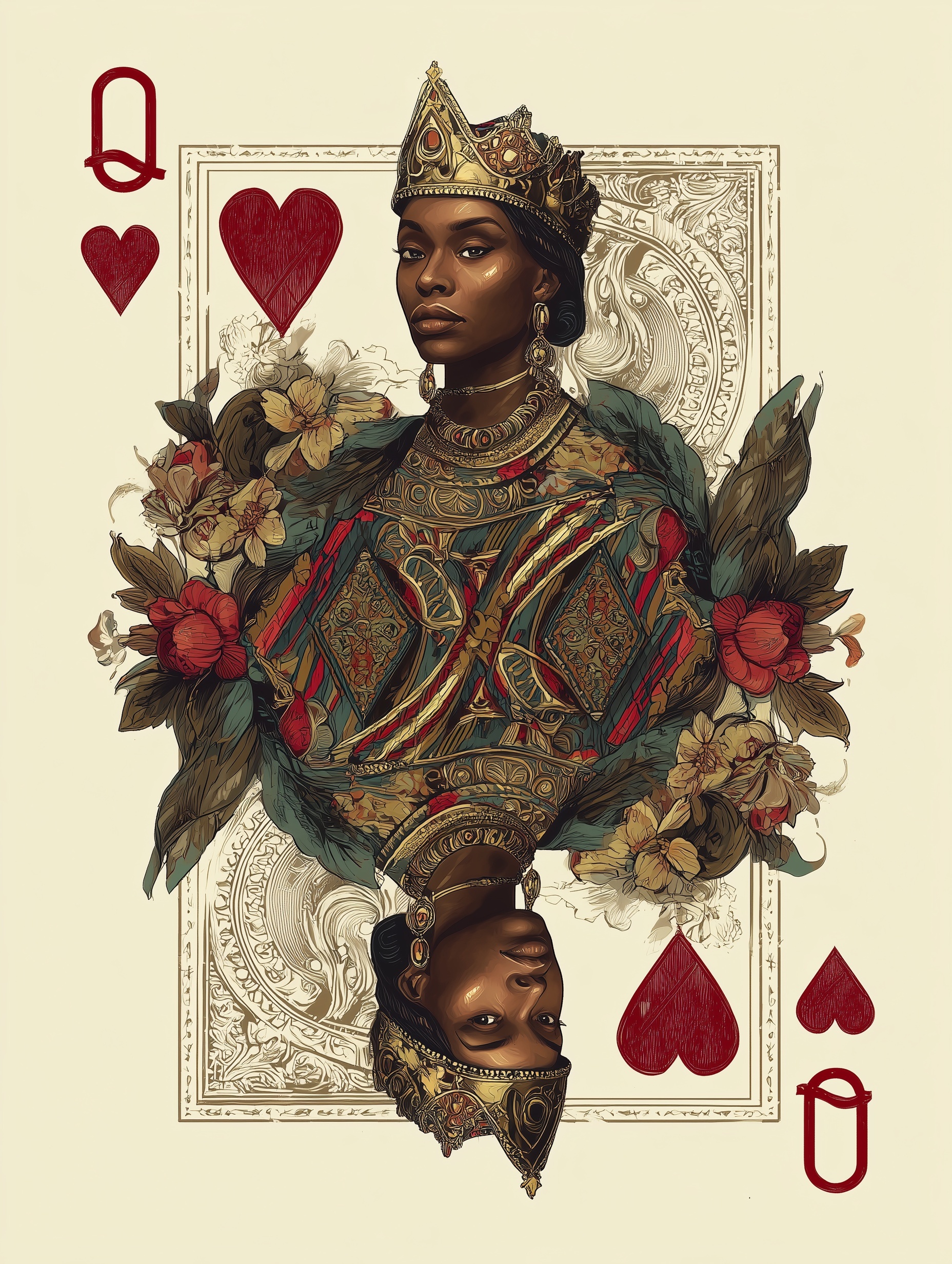 Regal African Queen Playing Card Art Design