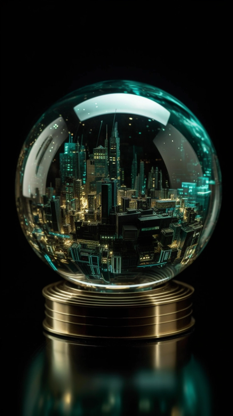 City's Cyberpunk Glass Ball: High-Detail 32k UHD