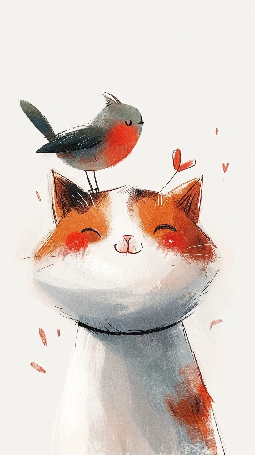 Joyful Cat with Bird: Minimalistic Mori Kei Style Art