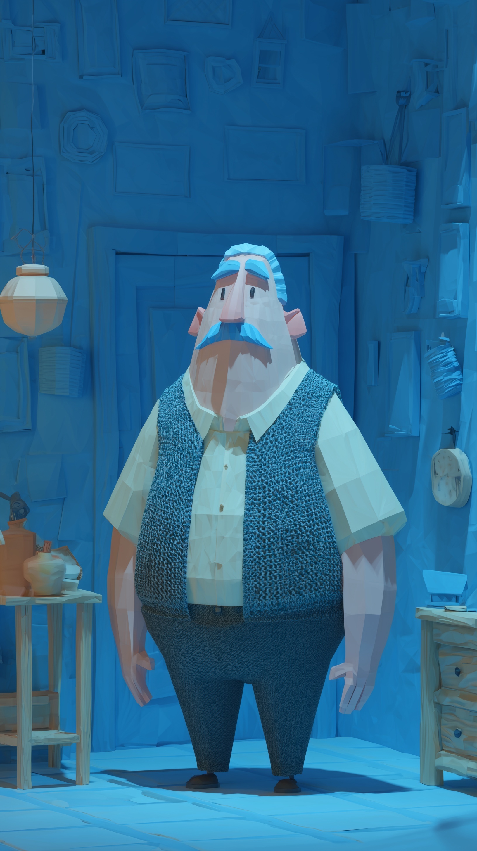 Cozy 3D Grandfather Character in Minimalist Setting