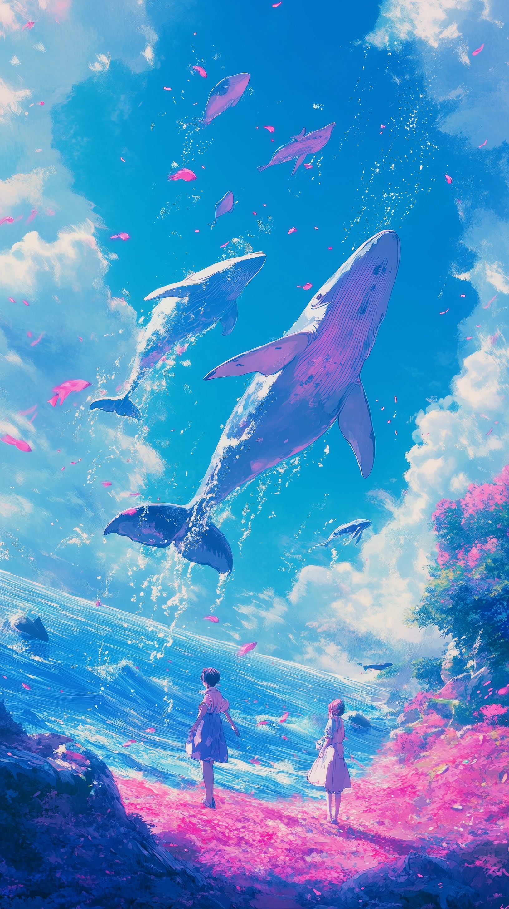 Whales Splash in Vibrant Studio Ghibli Style Scene