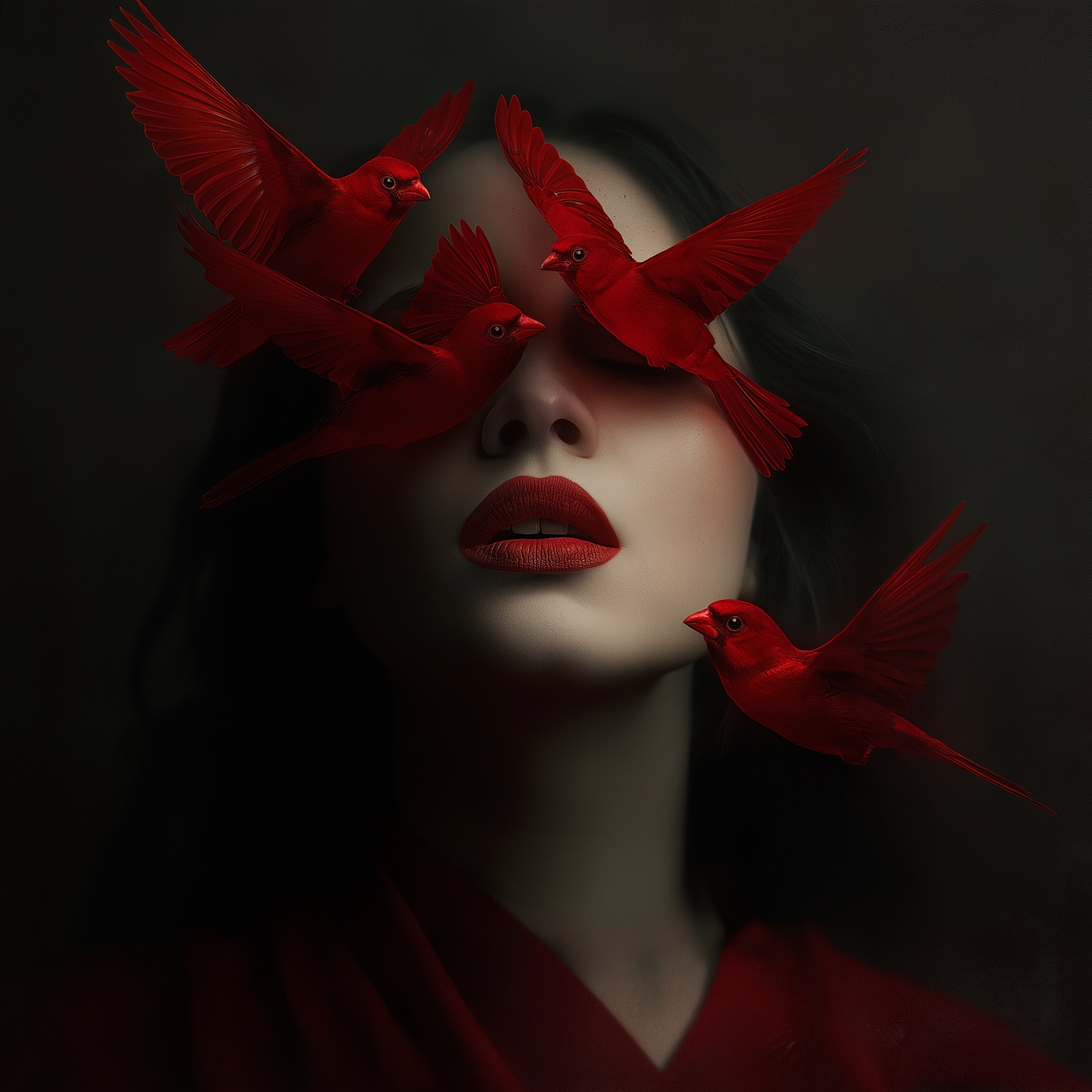 Photo-Realistic Red Birds Soaring Around Woman