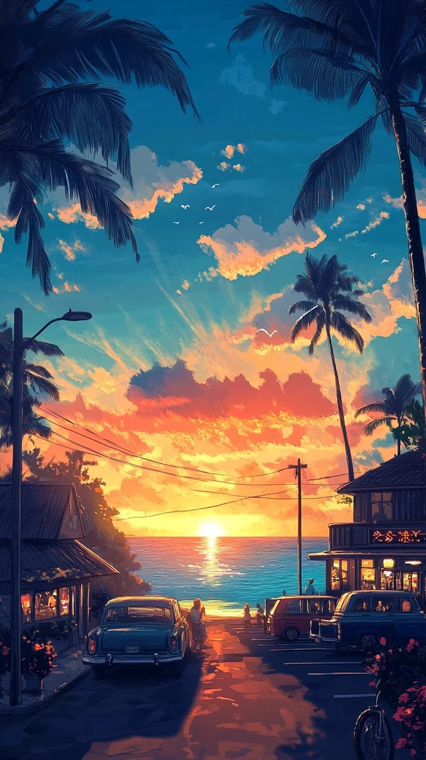 1950s Hawaiian City: Sunset View & Anime Style Art