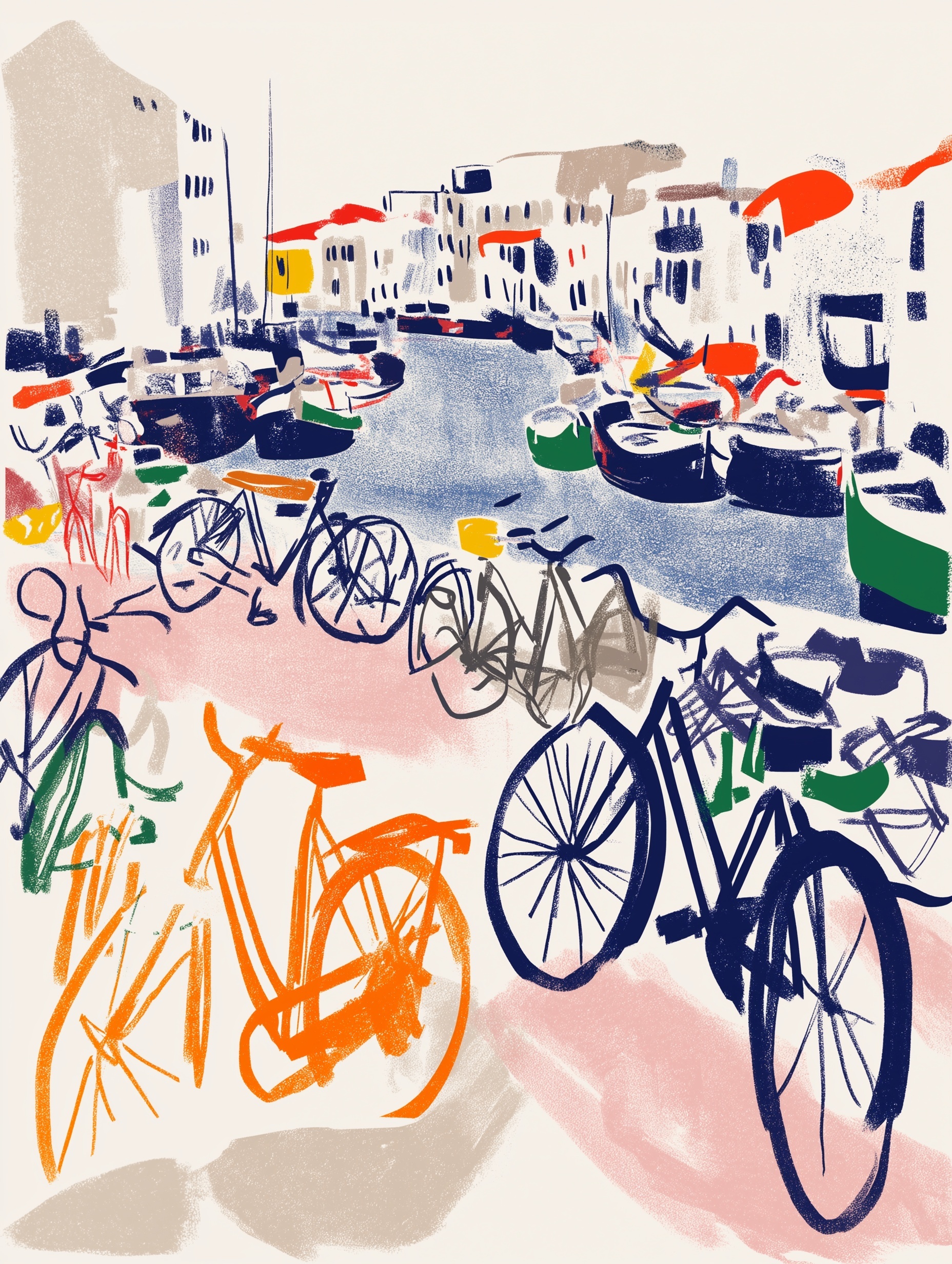 Amsterdam Canal Bicycles in Watercolor Style