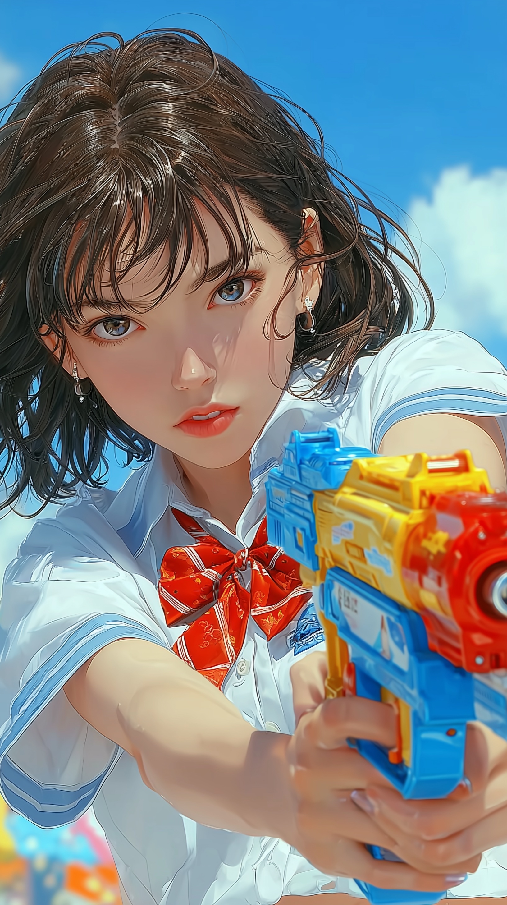 Charming Girl in Japanese Uniform with Water Gun