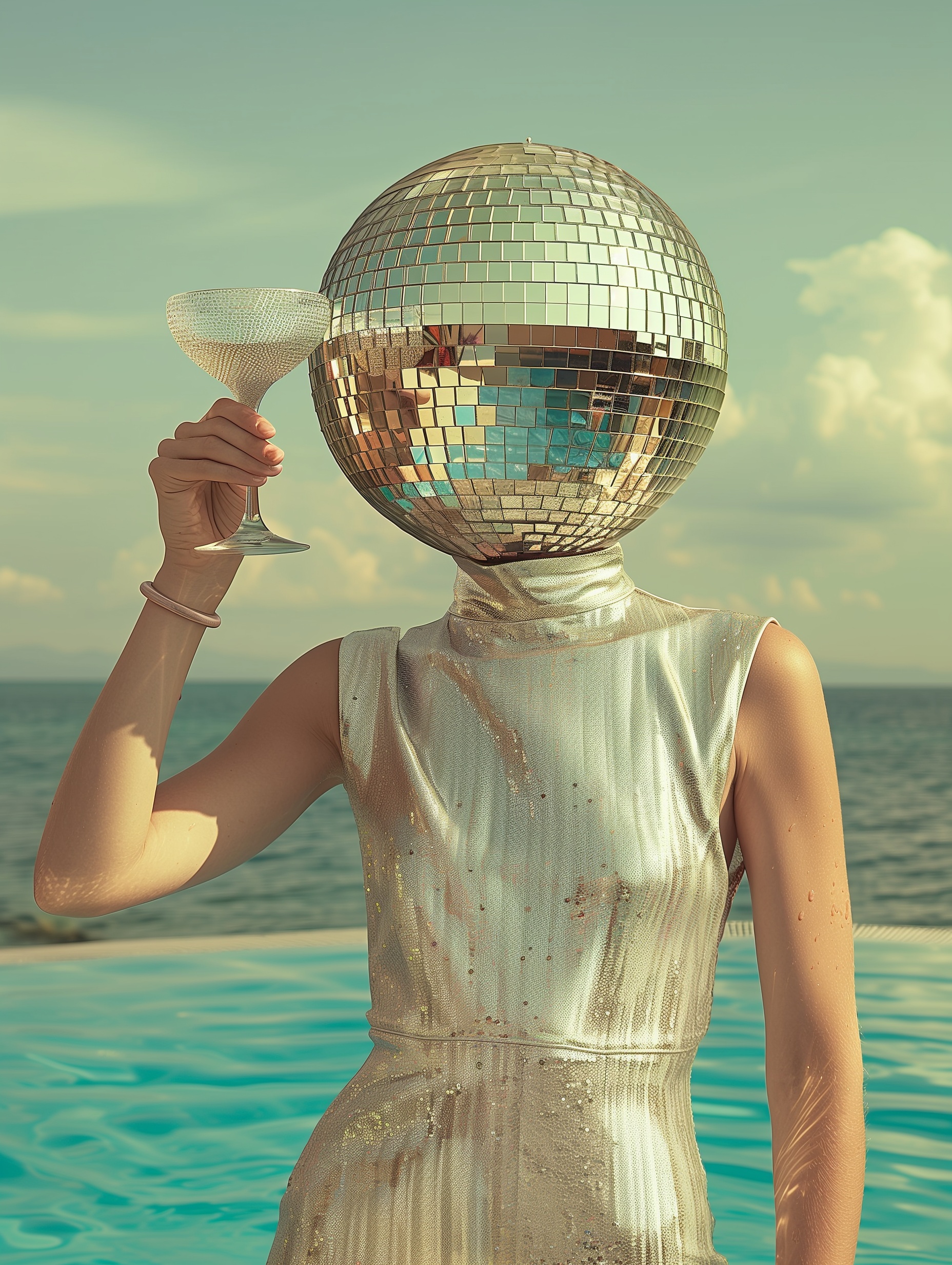 Hyper Realistic Chic Woman with Disco Ball Head Drinking Martini in Pool