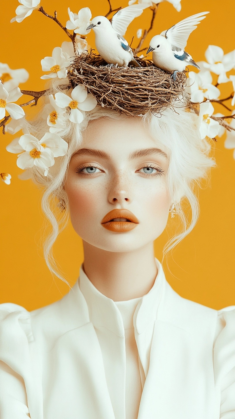 Whimsical Portrait: Woman with Bird's Nest Crown