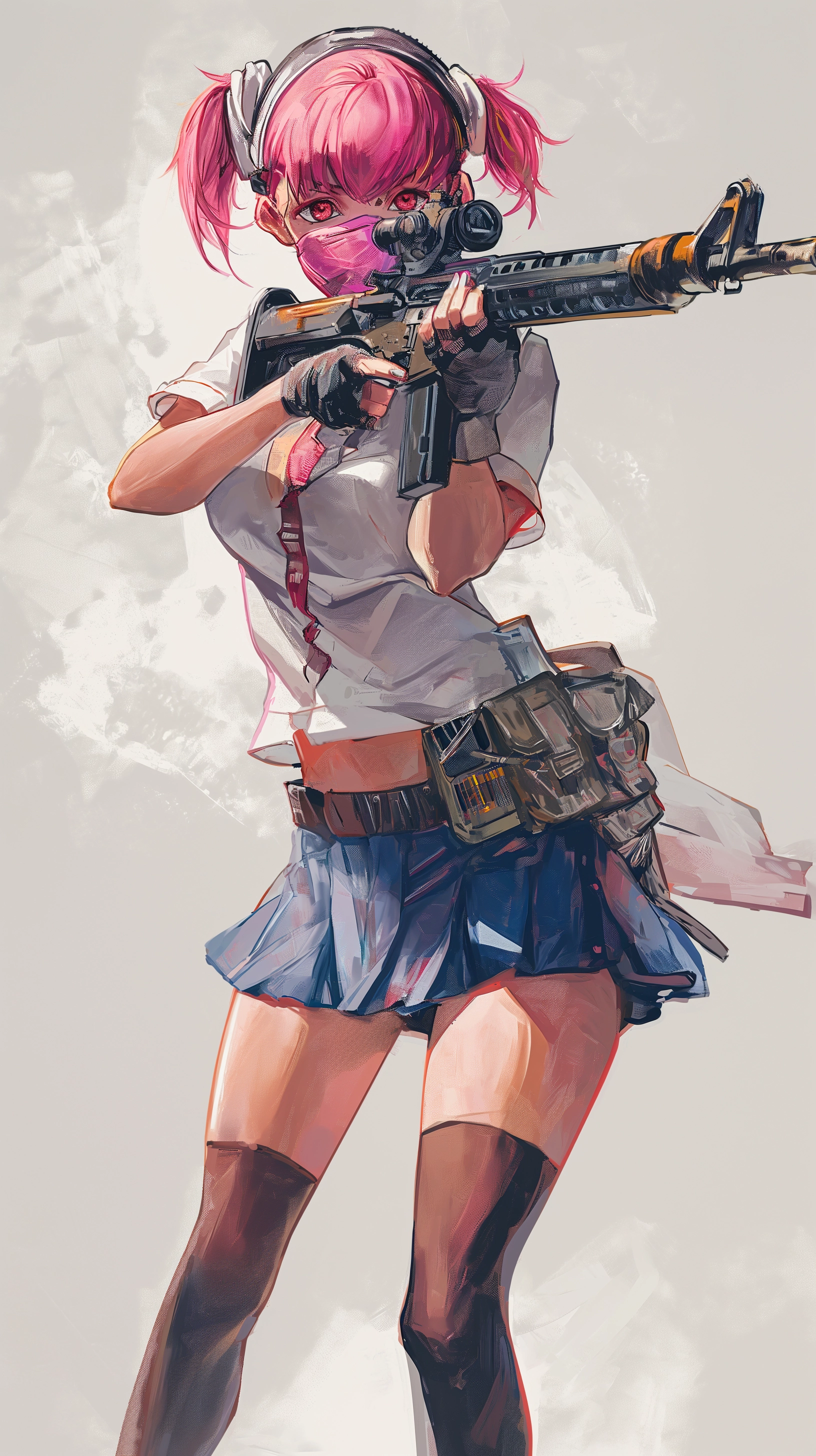 Stylish Tactical Gear: Japanese High School Girl in Pink Mask