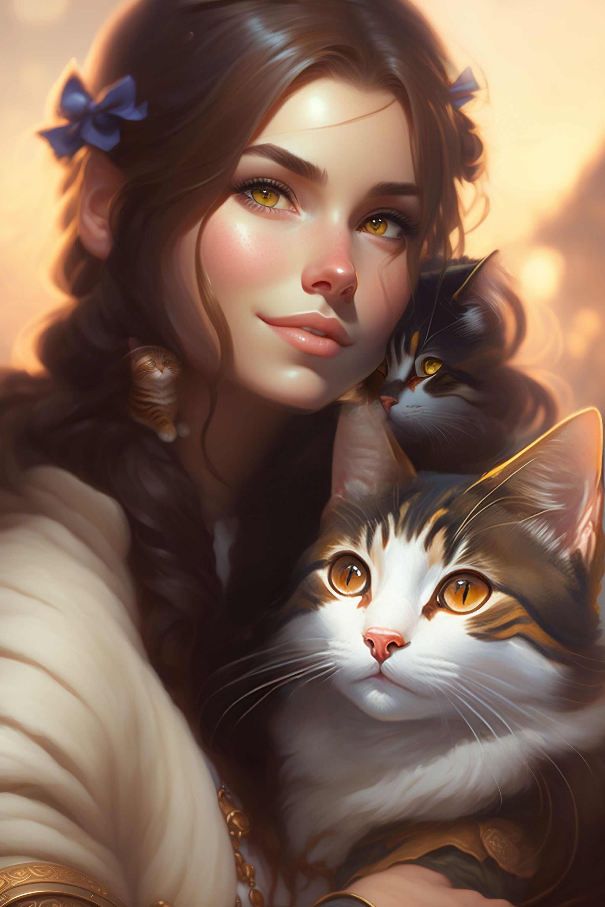 Cute Girl & Tabby Cat: Realistic Digital Art