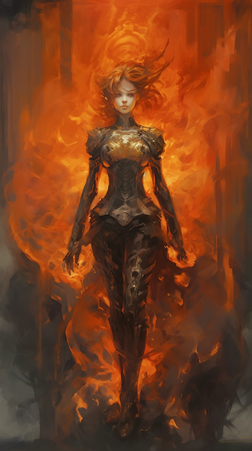 Metal-clad Heroine in Fiery Wall