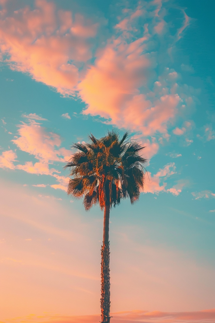 Dreamy Sunset: Tall Palm Tree Silhouetted in Vintage Glow