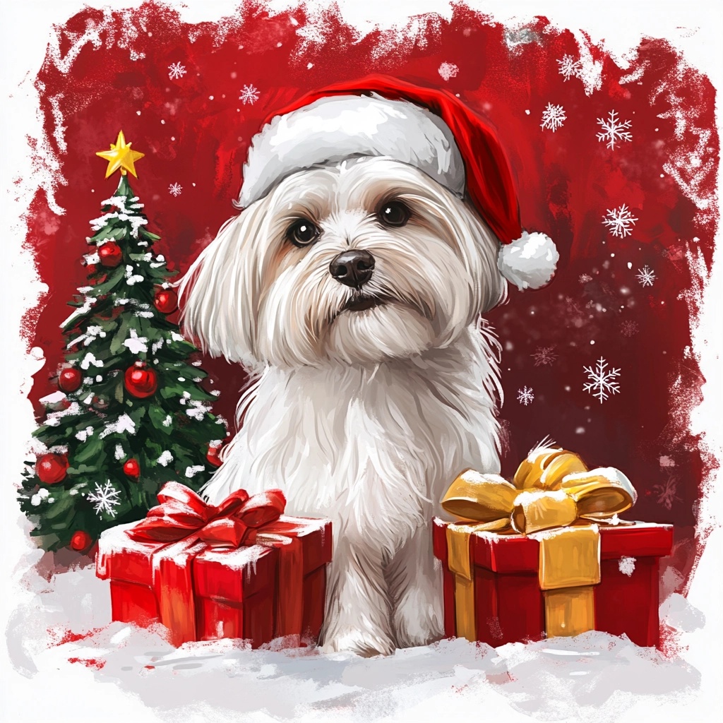 Joyful Maltese Christmas Art: Santa Hat & Snowflakes