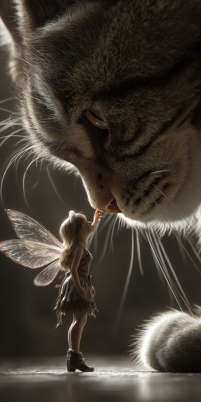 Whimsical Fairy Meets Giant Cat: Photo-Realistic Art