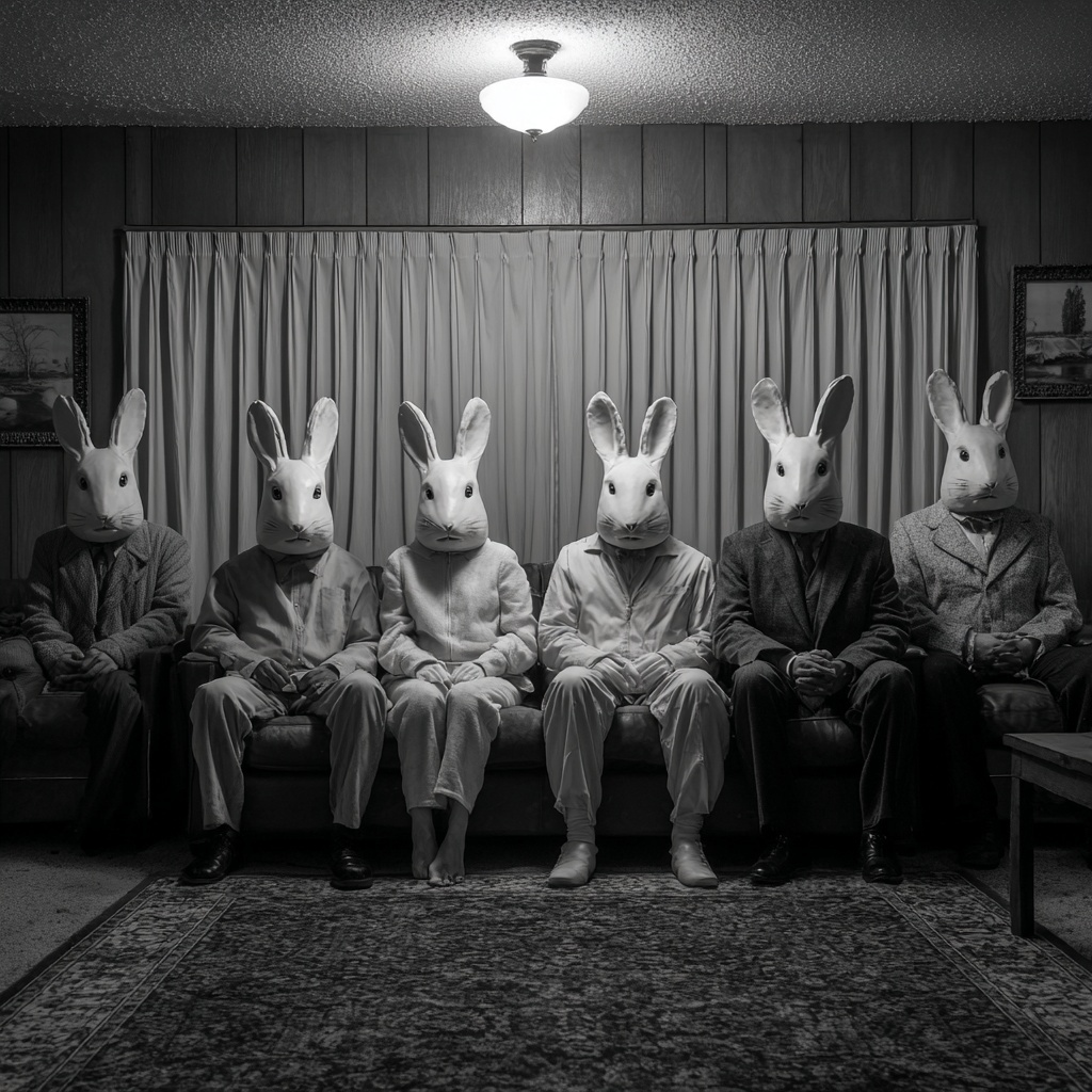Surreal Rabbit Ensemble in Atmospheric Living Room