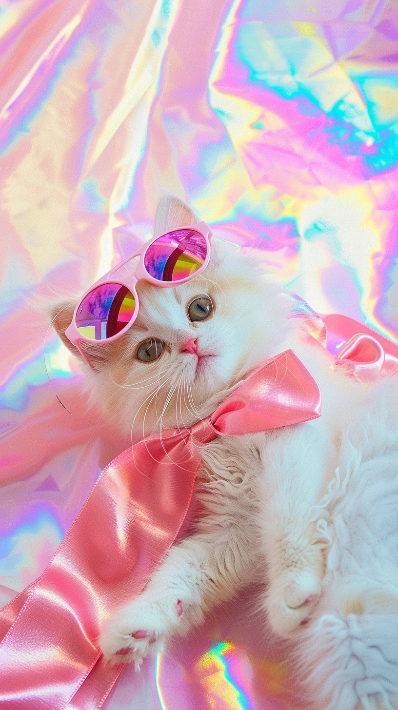 High-Quality Watercolor Image: White Kitten in Pink Sunglasses