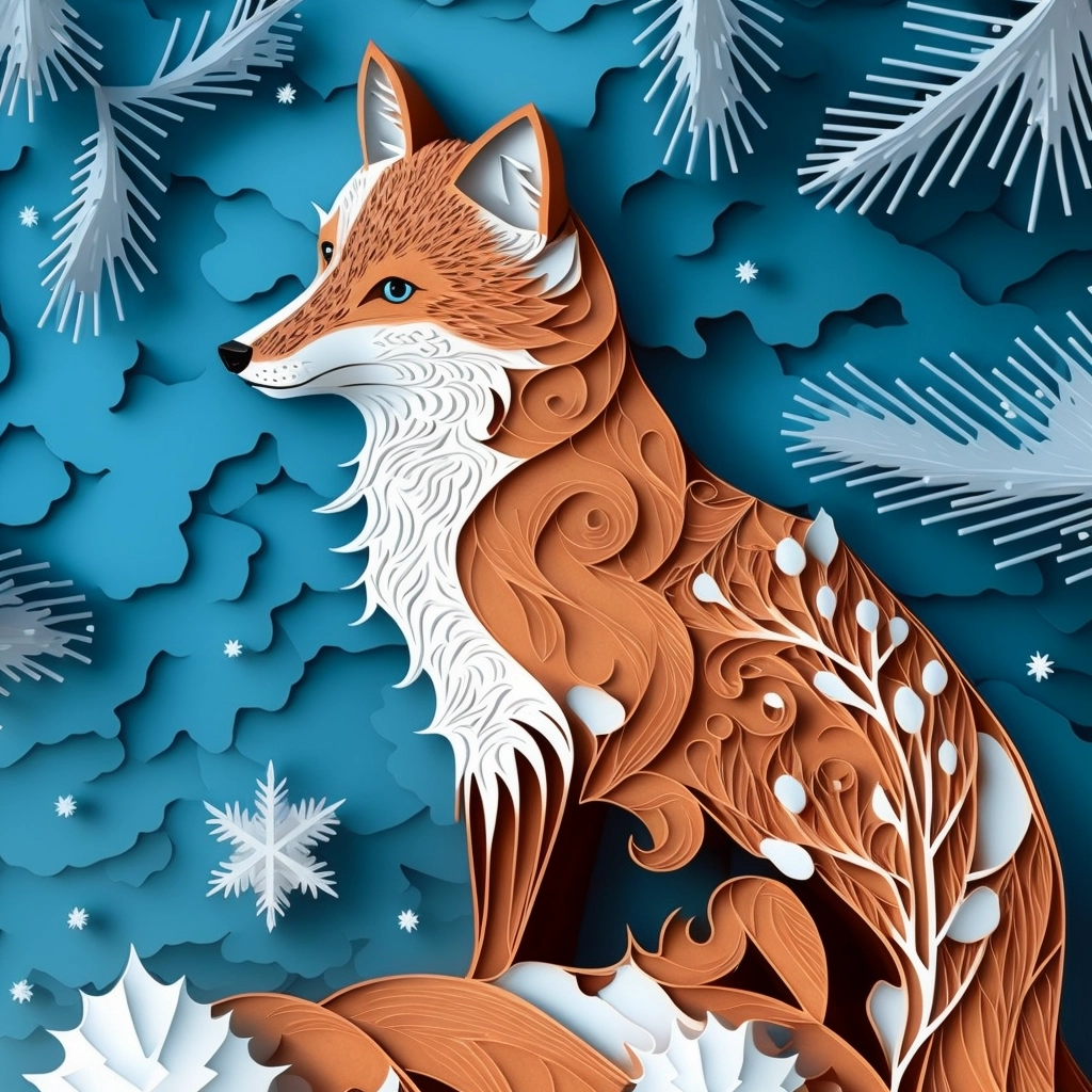 HD Paper Cut Fox Illustration with Plush Winter Fur