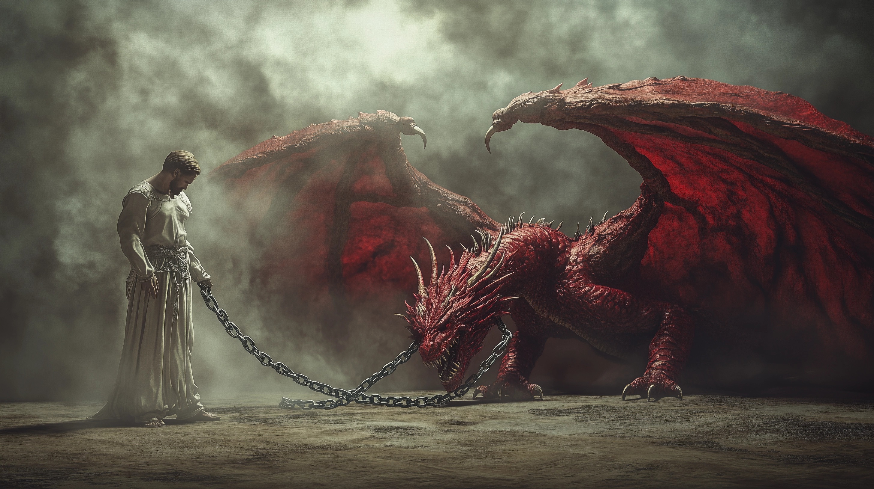 Majestic Angel Binds Dragon in Dark Cinematic Scene