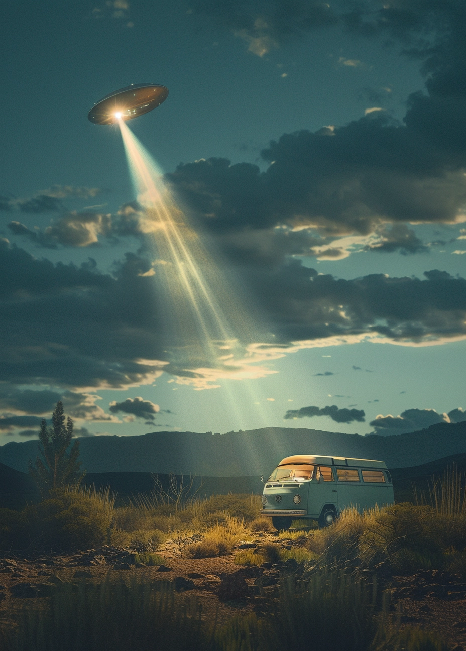 Cinematic Wide Shot: UFO Abducts People with Light Beam, Camper Van