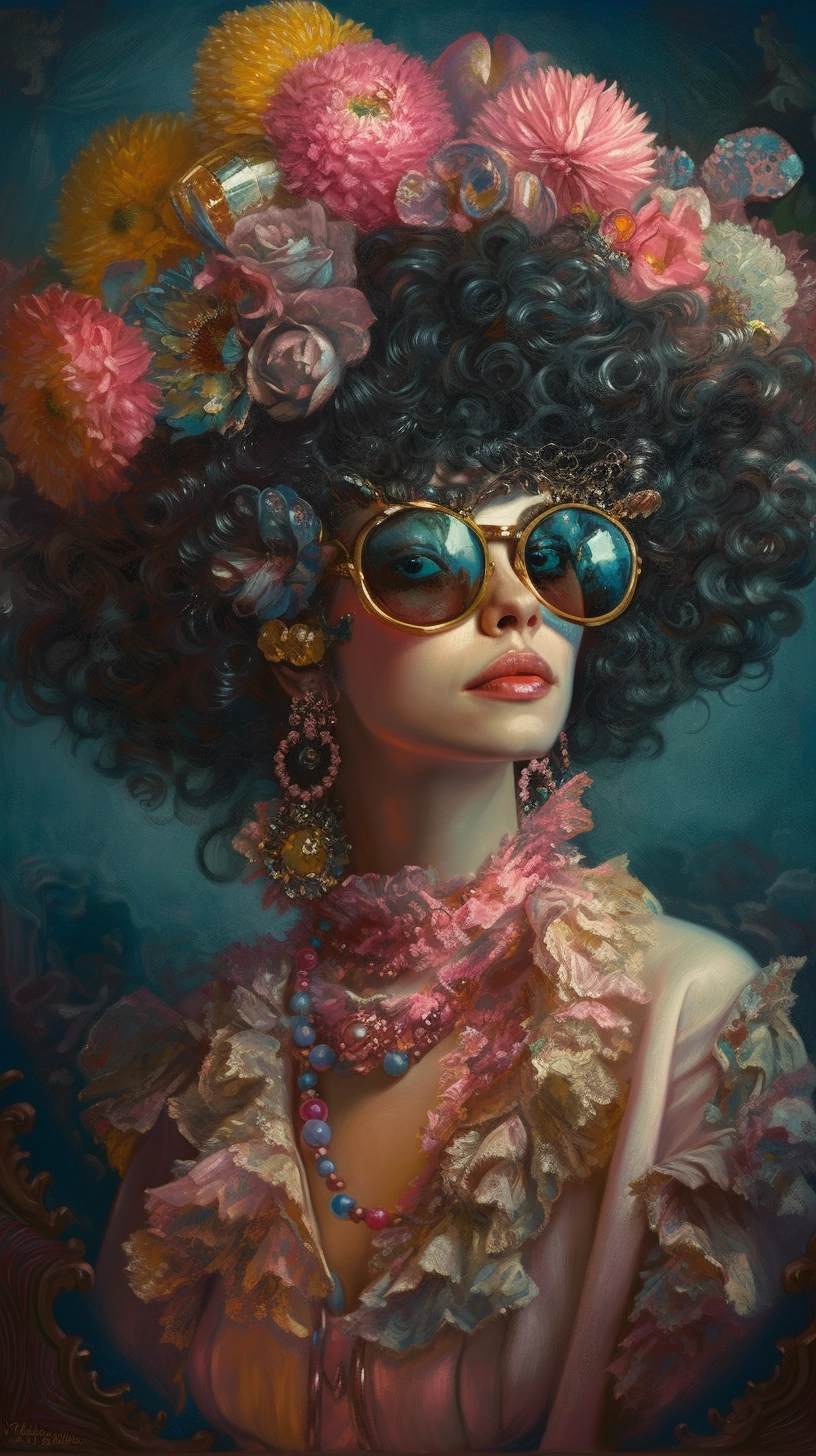 French Rococo-inspired Woman: Vibrant Colors & Intricate Textures