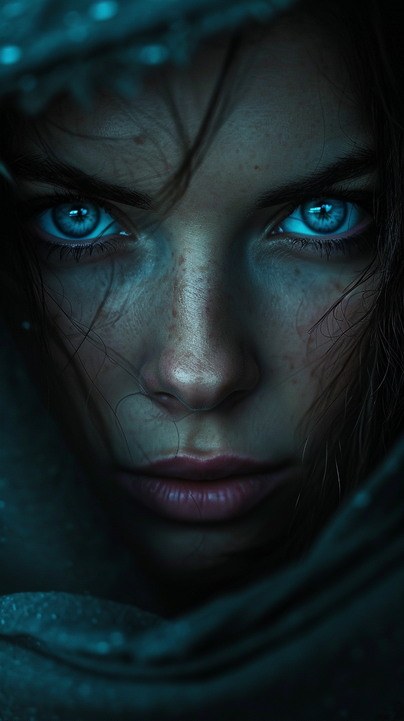 Discover the Hyperrealistic Beauty of RAW 8k Photos: Mysterious Lady with Piercing Glacier Blue Eyes